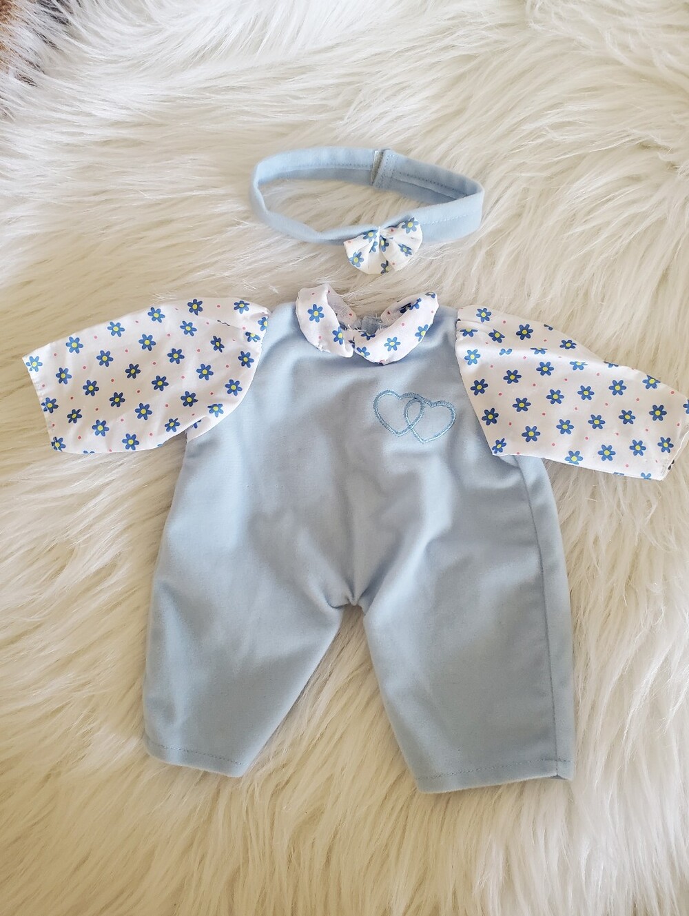 Baby Blue Romper with Floral Sleeves and Headband